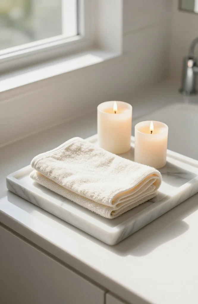 Marble-effect resin bath tray with elegant white and gray veining, showcasing modern bathroom styling and vanity organization