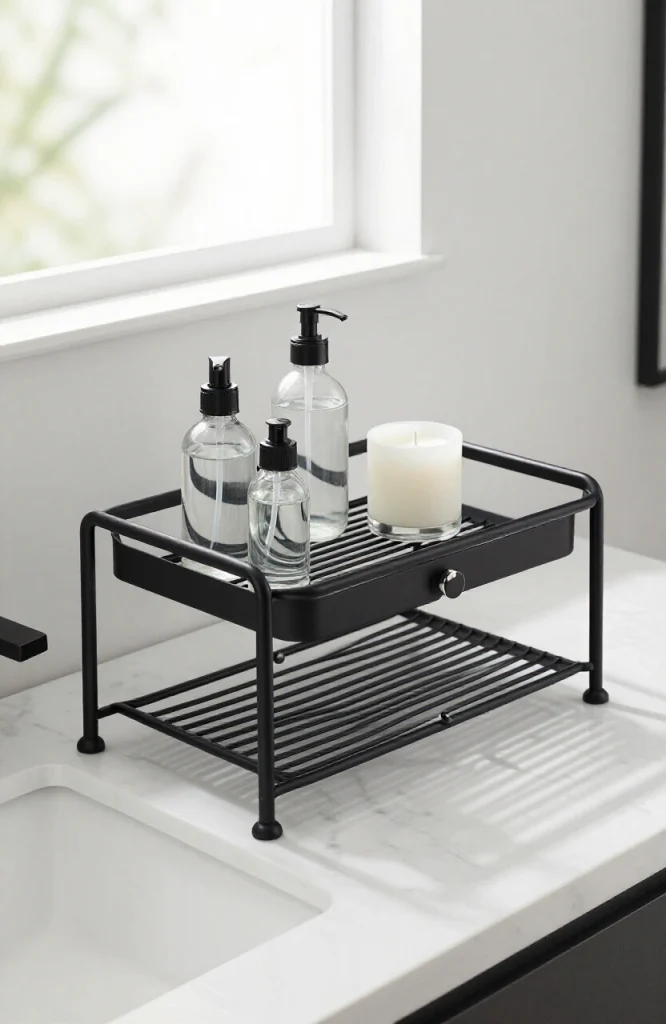 Matte black metal bathroom caddy with multiple compartments holding toiletries and bath essentials on bathroom vanity