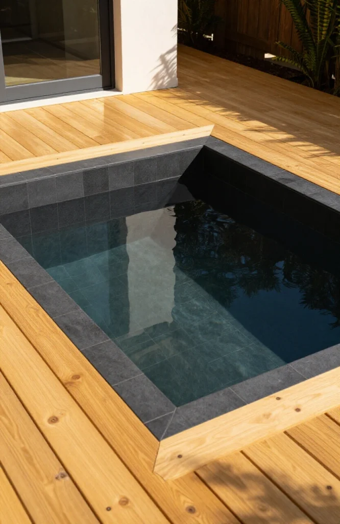 Small plunge pool with matte black tile finish surrounded by wraparound wooden timber deck in residential backyard