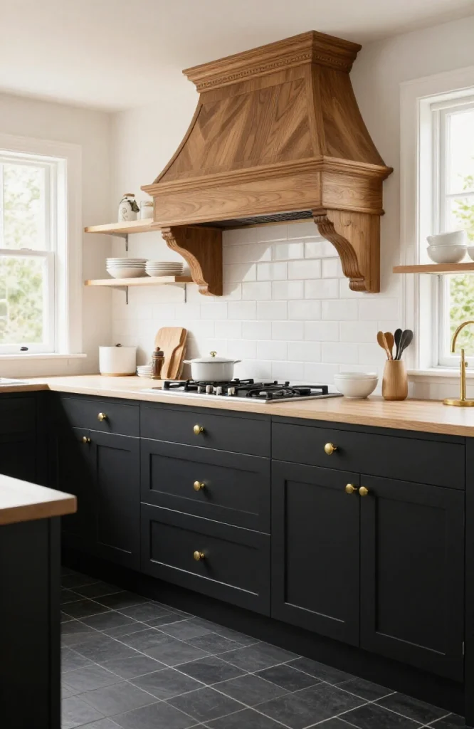 Victorian style kitchen featuring matte black cabinetry with ornate carved range hood, brass hardware and fixtures, and open