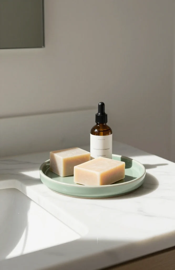 Matte ceramic bathroom tray in solid color displayed on vanity counter for toiletry organization and styling