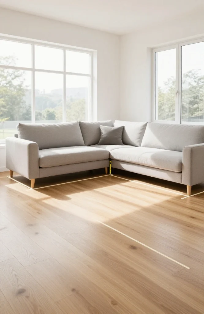 Person measuring living room dimensions with tape measure before purchasing L-shaped sofa furniture