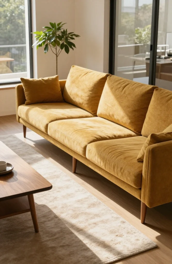 Mid-century modern L-shaped sectional sofa with tapered wooden legs and neutral upholstery in contemporary living room