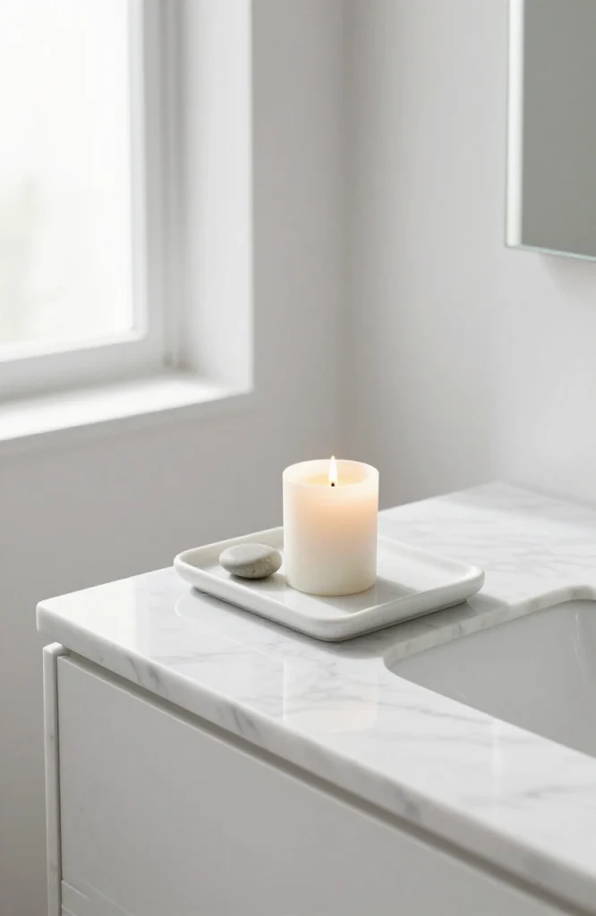 Minimalist bathroom tray on marble countertop with bar soap and small white object, demonstrating understated vanity styling