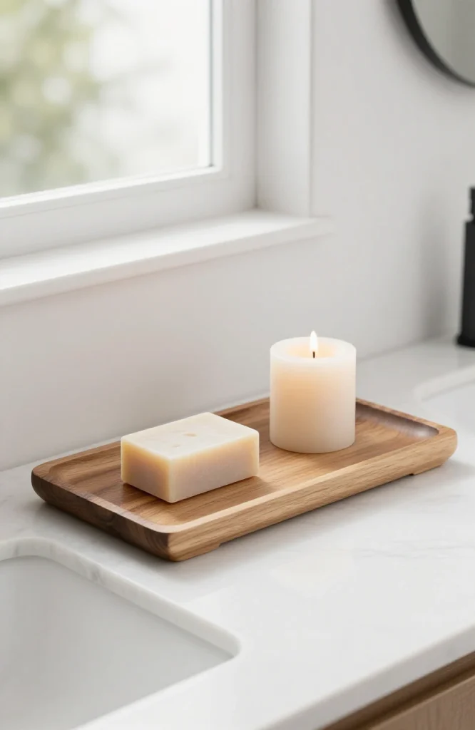 Minimalist flat teak plank bathroom tray placed on vanity counter for soap and accessory organization