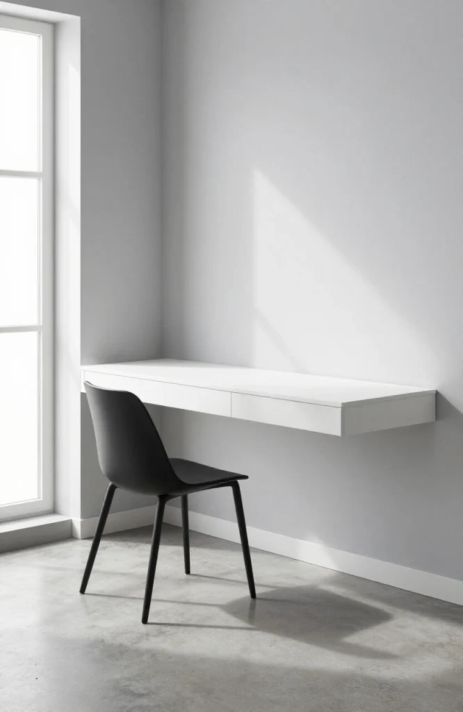 Clean minimalist workspace with floating desk mounted on white wall, single monitor, wireless keyboard, minimal decor and nat