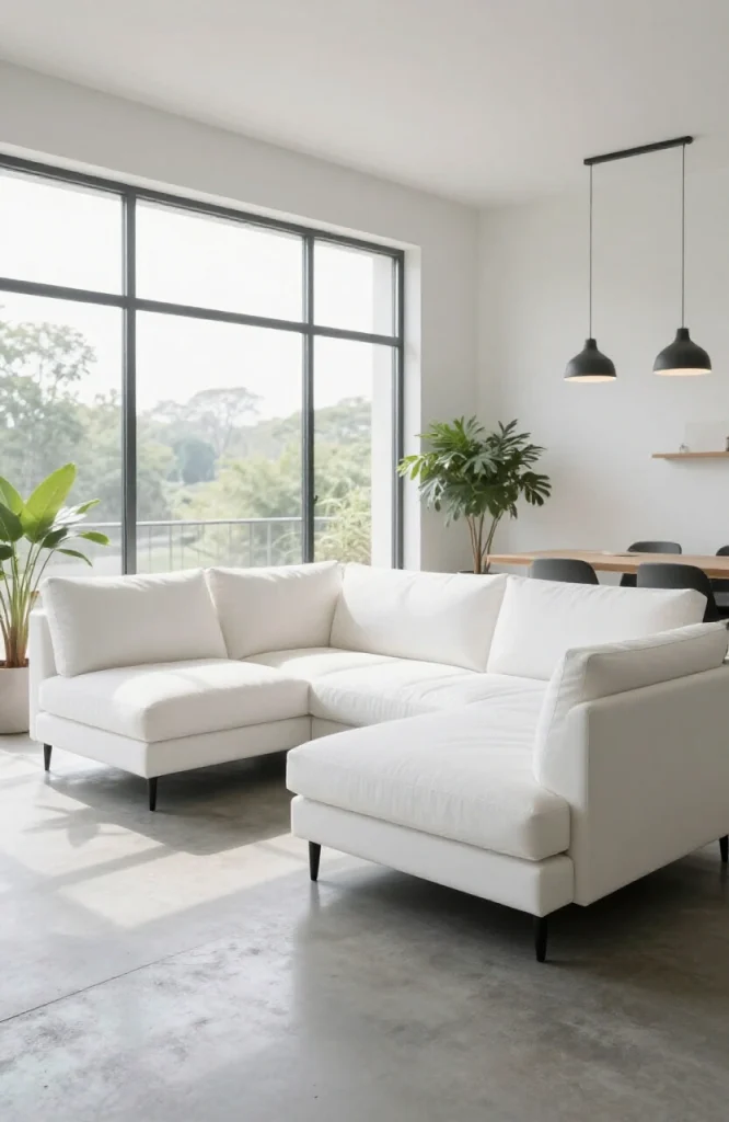 White minimalist L-shaped sofa with clean lines in a contemporary living room setting