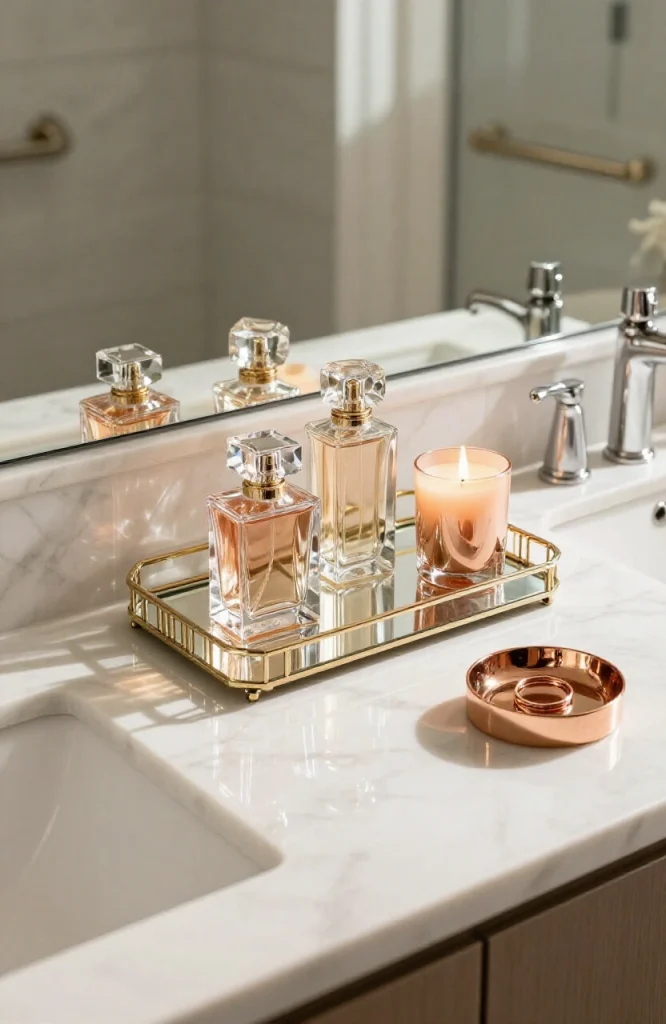 Decorative mirrored tray displaying glass perfume bottles and lit candles on bathroom vanity for elegant styling