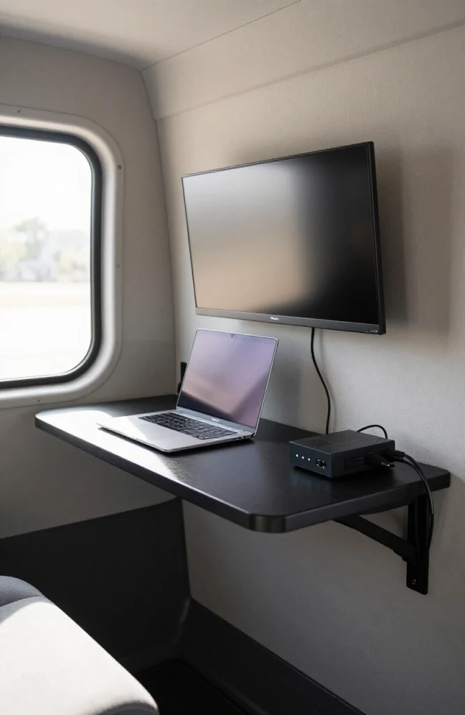Laptop and work materials organized inside a van or car for remote work mobile office setup