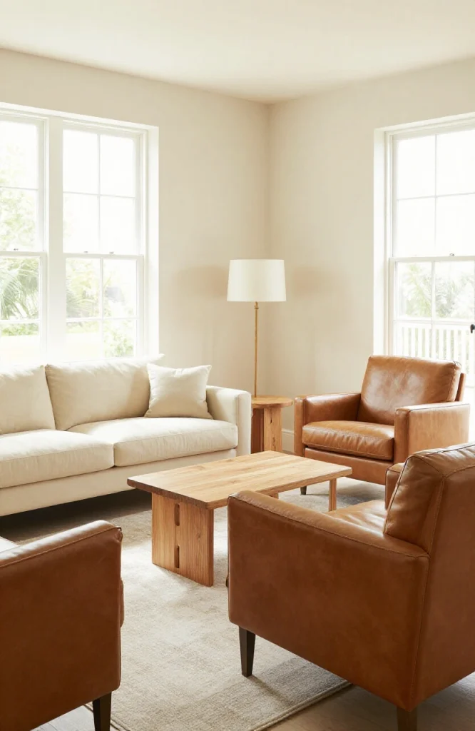 Contemporary L-shaped sectional sofa in gray with matching accent chairs and neutral decor in bright living room