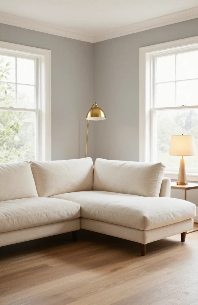 Contemporary L-shaped gray sectional sofa illuminated by soft warm lighting in minimalist living room setting