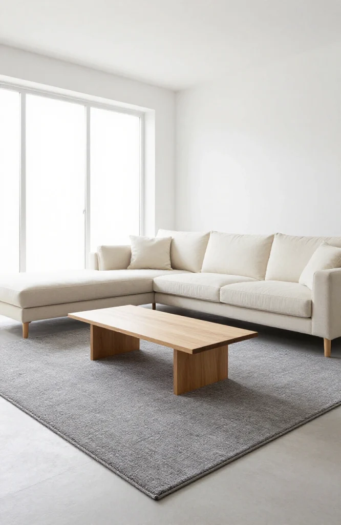Contemporary L-shaped sofa with geometric area rug in neutral tones, modern living room design