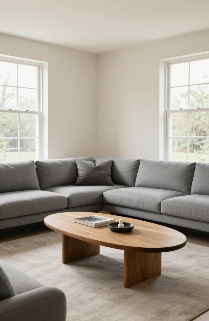 Contemporary living room featuring gray L-shaped sectional sofa paired with wooden coffee table on light flooring