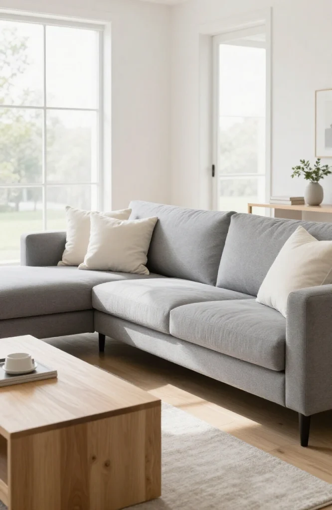 Modern L-shaped sofa in neutral gray upholstery positioned in contemporary living room with natural lighting