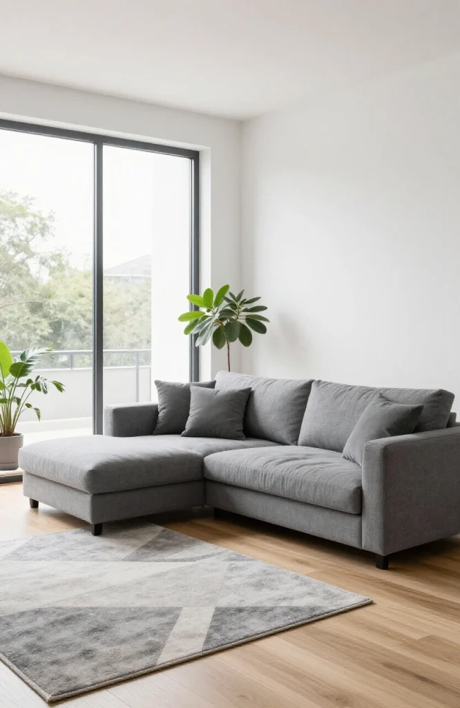 Modern gray L-shaped sofa positioned in corner of bright living room with minimalist decor