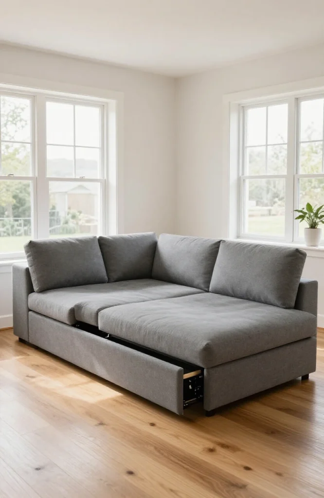 Modern L-shaped sofa with adjustable headrests, built-in storage, and fabric upholstery in contemporary living room setting