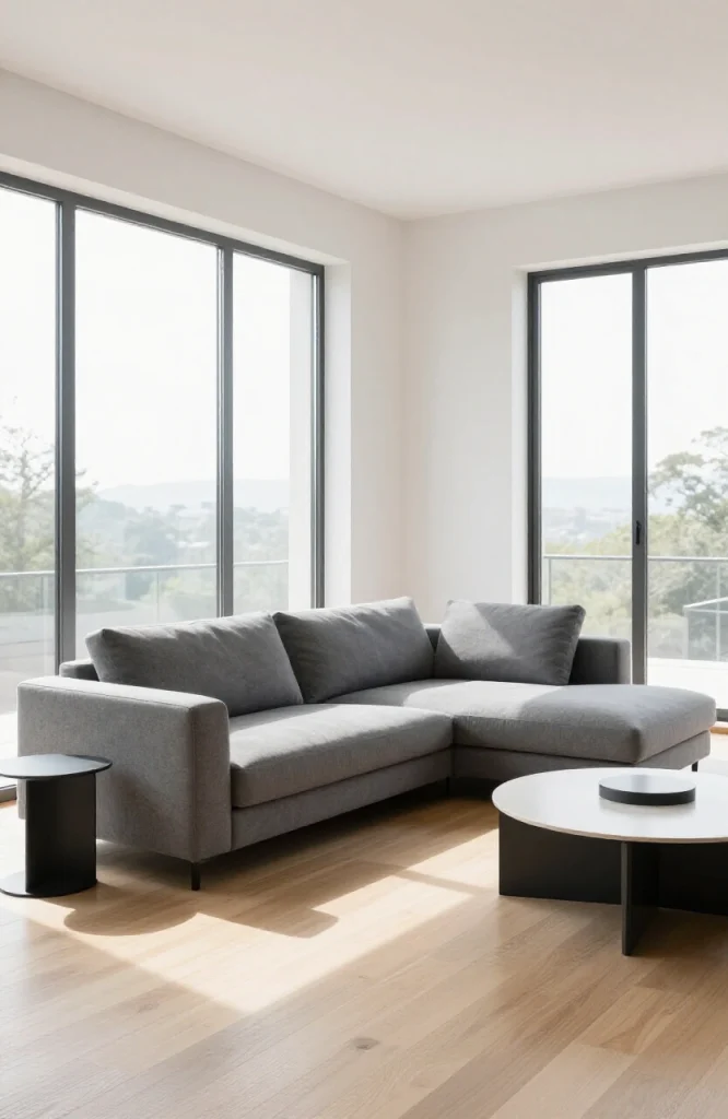 Modern L-shaped sectional sofa in gray fabric positioned in contemporary living room with minimalist decor