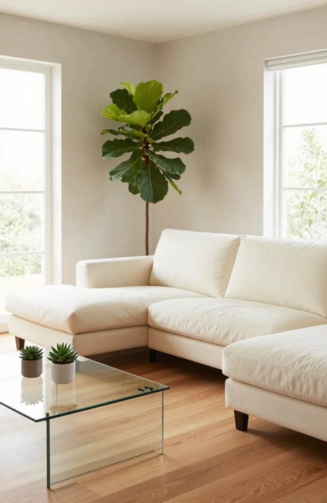 Contemporary L-shaped sofa styled with green potted plants and neutral decor in bright living room