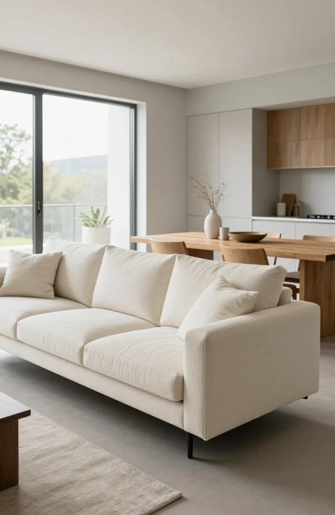 L-shaped sofa positioned as room divider in modern living room with neutral furniture and open floor plan