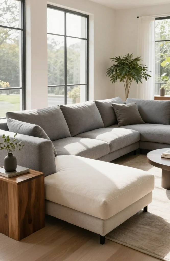 Gray L-shaped sectional sofa placed in front of large living room window with natural light and minimalist decor