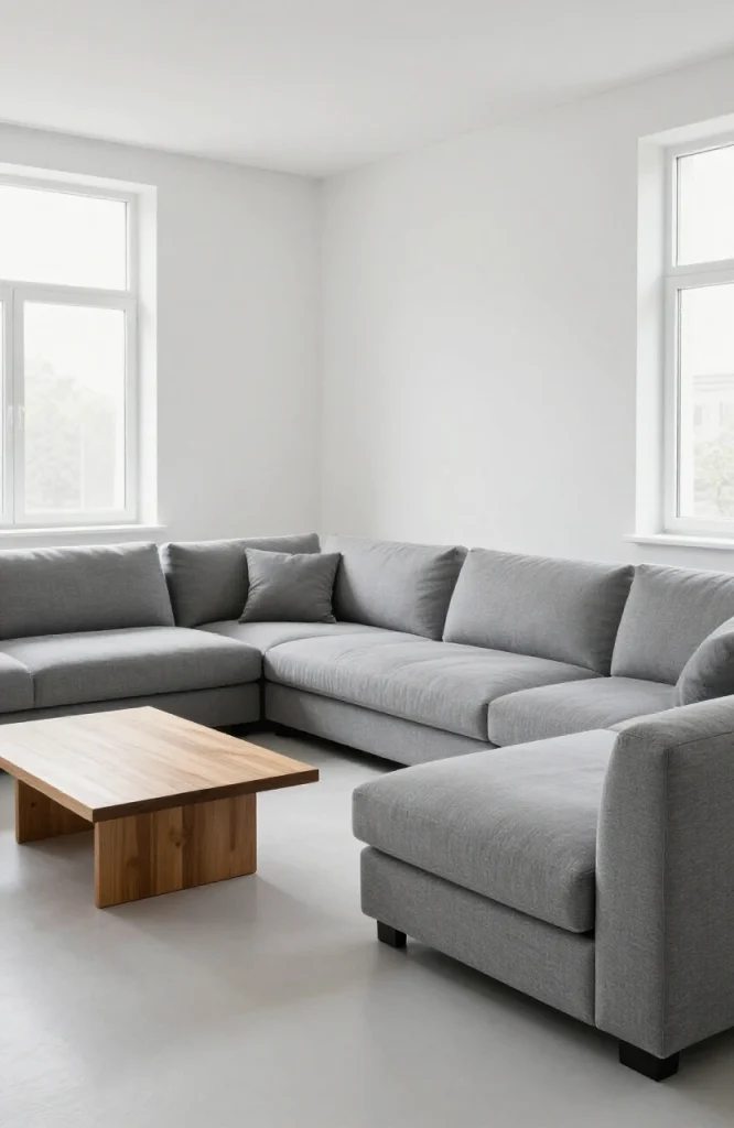 Modern modular L-shaped sofa with customizable sections in neutral gray upholstery in contemporary living room