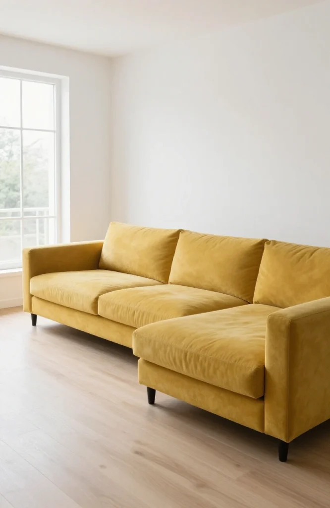 Mustard yellow L-shaped sofa with gray accent pillows in contemporary living room with wooden side table