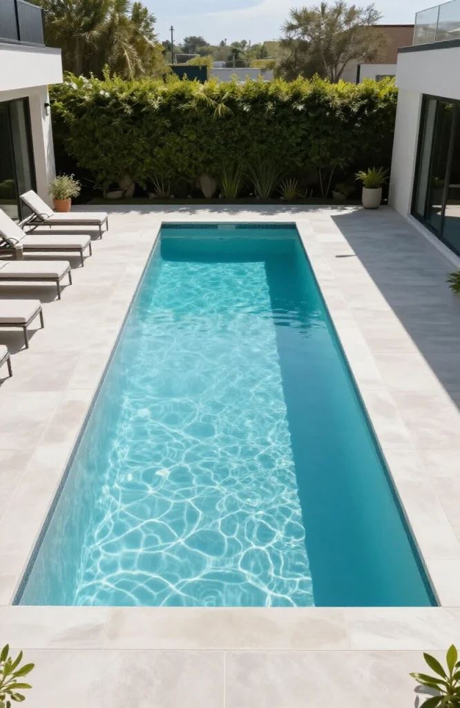 Narrow rectangular lap-style plunge pool designed for long thin backyard spaces with modern decking