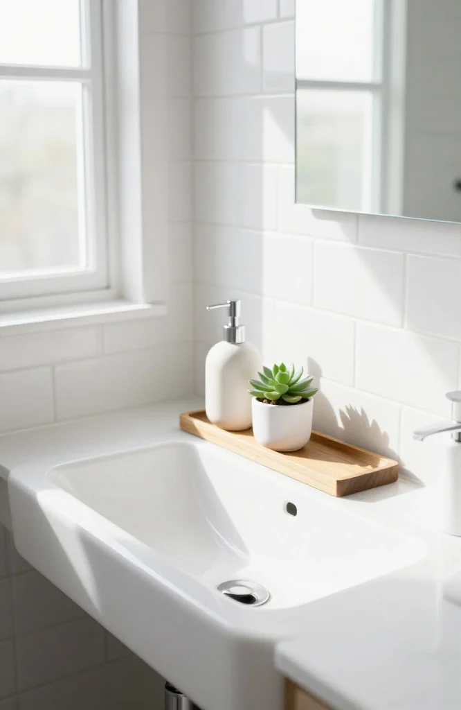 Narrow decorative tray positioned on pedestal sink for organizing bathroom essentials and toiletries
