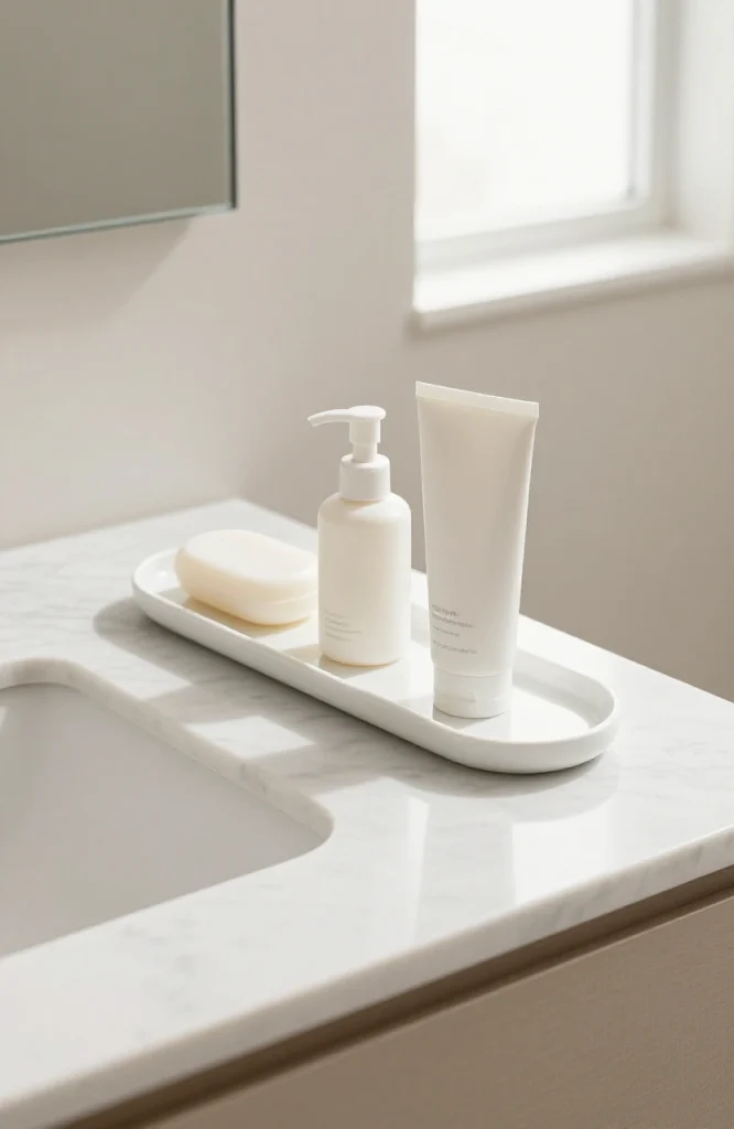 Narrow rectangular bathroom tray styled on single sink vanity with decorative accessories and toiletries