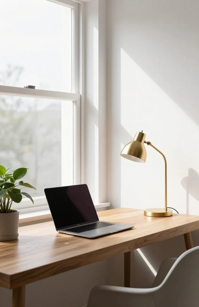 Bright home office with large window providing natural light and adjustable desk lamp for supplemental artificial lighting