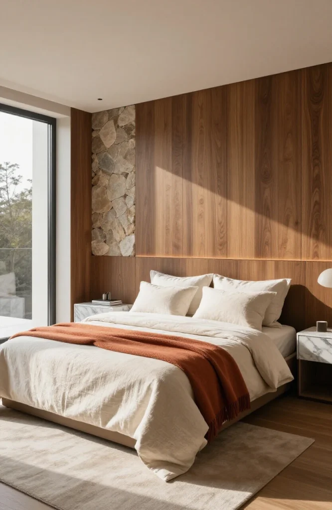Bedroom featuring natural wood furniture, linen bedding, and stone accents creating warm luxurious aesthetic