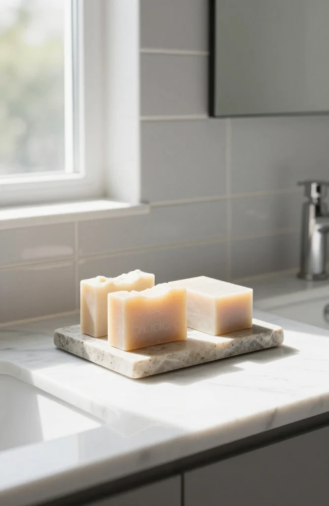 Natural slate and river stone soap tray displayed on bathroom vanity with luxury bath products