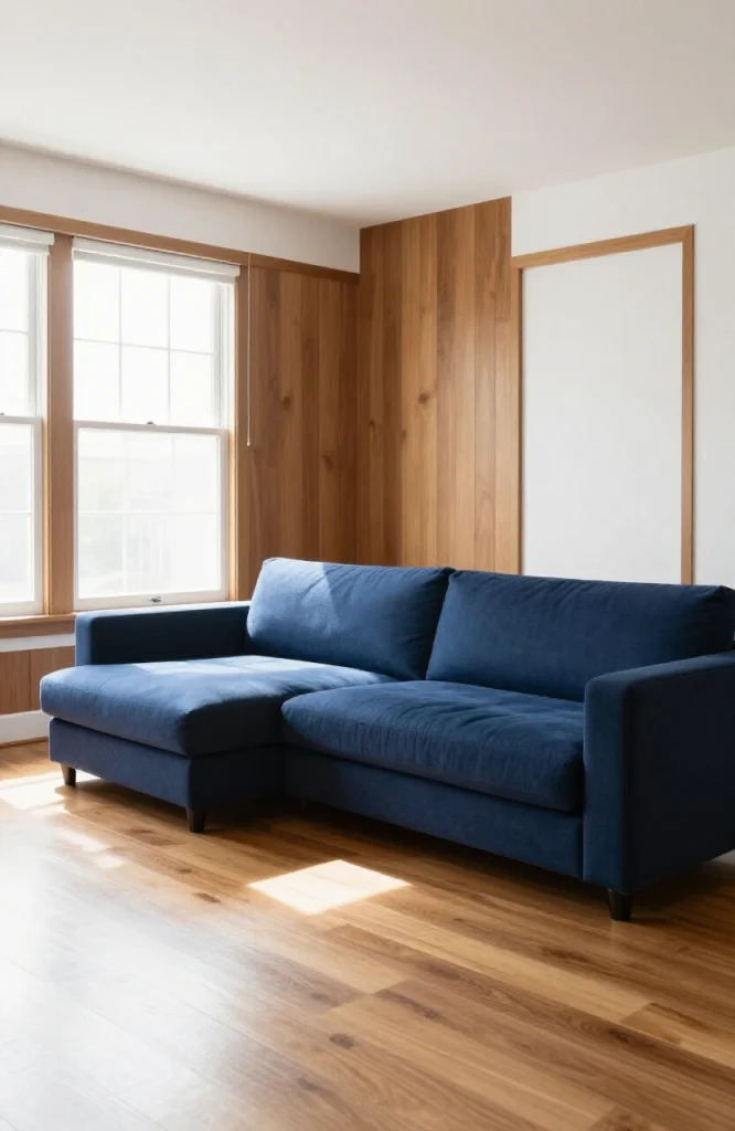 Navy blue L-shaped sofa with clean lines in contemporary living room setting