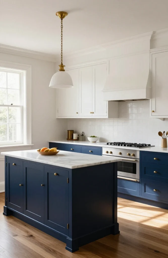 Victorian kitchen with navy blue lower cabinets and white upper cabinets creating a two-tone color separation