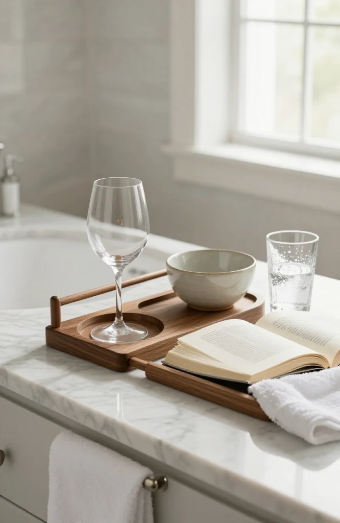 Bathroom caddy with nighttime essentials including candles, bath products, and decorative items arranged on white marble surf
