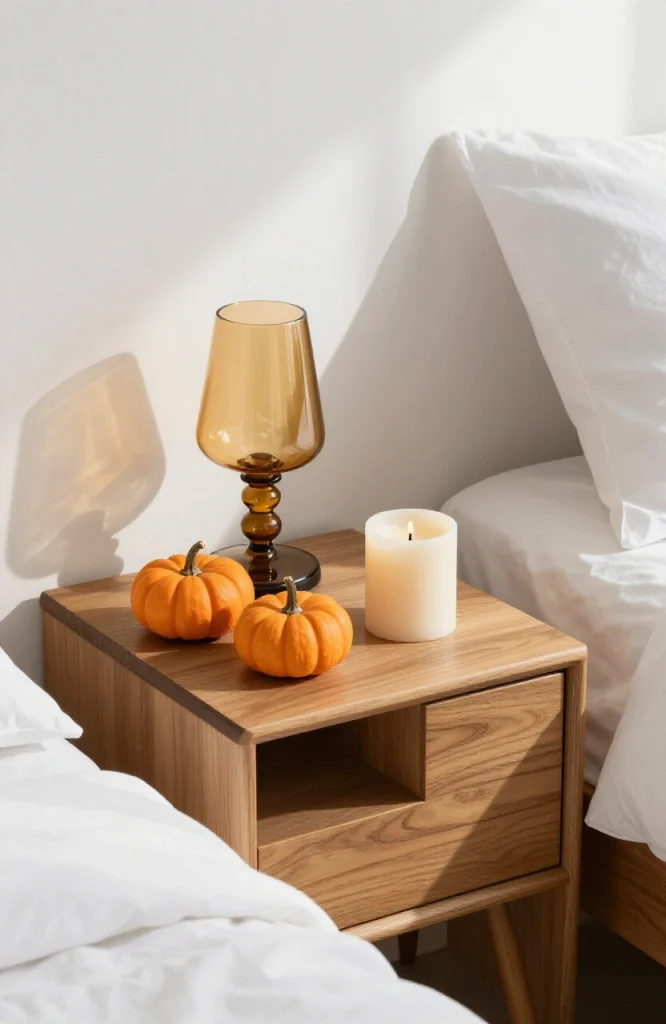 Nightstand decorated with three coordinating pieces and small pumpkins as centerpiece for Halloween bedroom styling