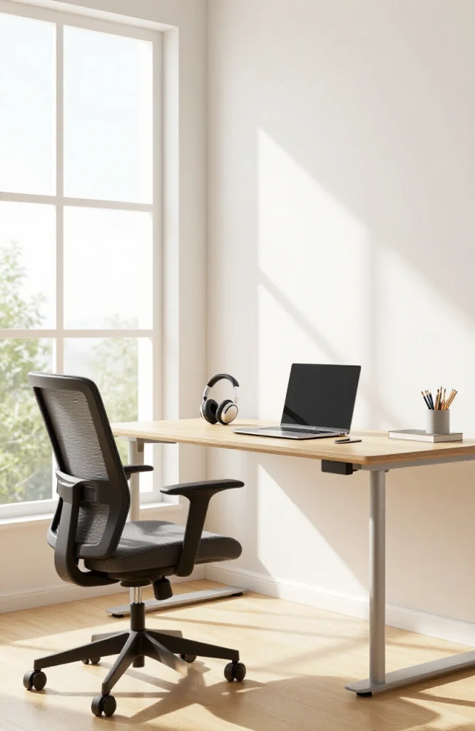 Home office with noise-canceling headphones, sound-absorbing panels, and quiet workspace environment for focused remote work