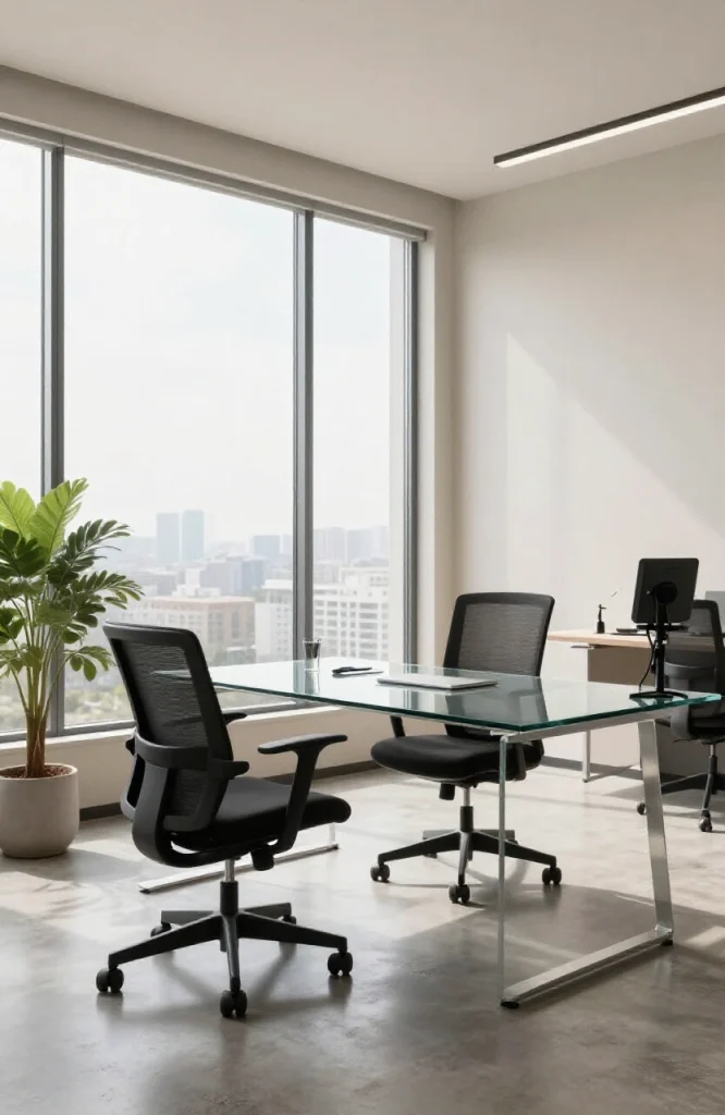 Private day office workspace with desk, ergonomic chair, closed door, and professional lighting for focused remote work