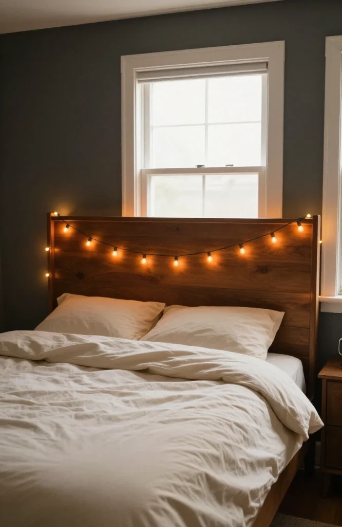 Orange fairy lights strung behind wooden bed headboard creating warm ambient glow in Halloween decorated bedroom