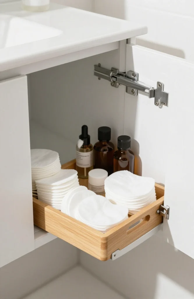 White organizer tray with compartments storing bathroom items inside wooden cabinet drawer