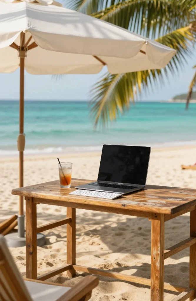 Laptop and notebook on wooden table at beach with ocean view and palm trees in background