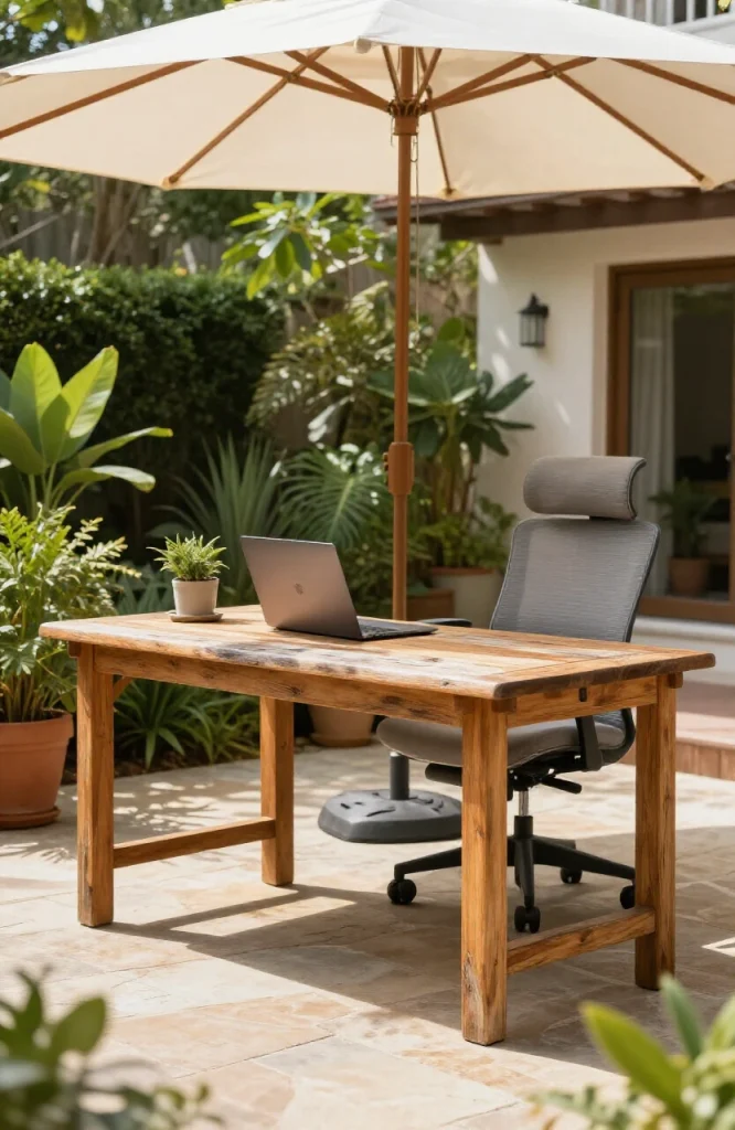 Wooden desk and comfortable chair arranged on a residential patio surrounded by green plants and garden landscaping