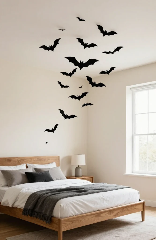 Black paper bat cutouts arranged across a white bedroom ceiling creating a spooky Halloween decoration effect
