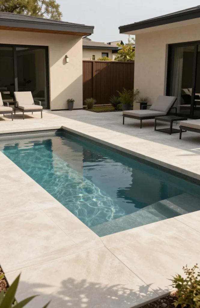 Partial above-ground fiberglass plunge pool shell installed on existing concrete slab in small backyard space