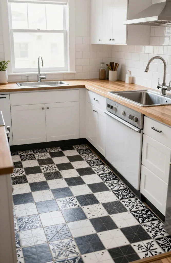 Rented kitchen backsplash with peel and stick encaustic pattern tile in traditional Victorian style