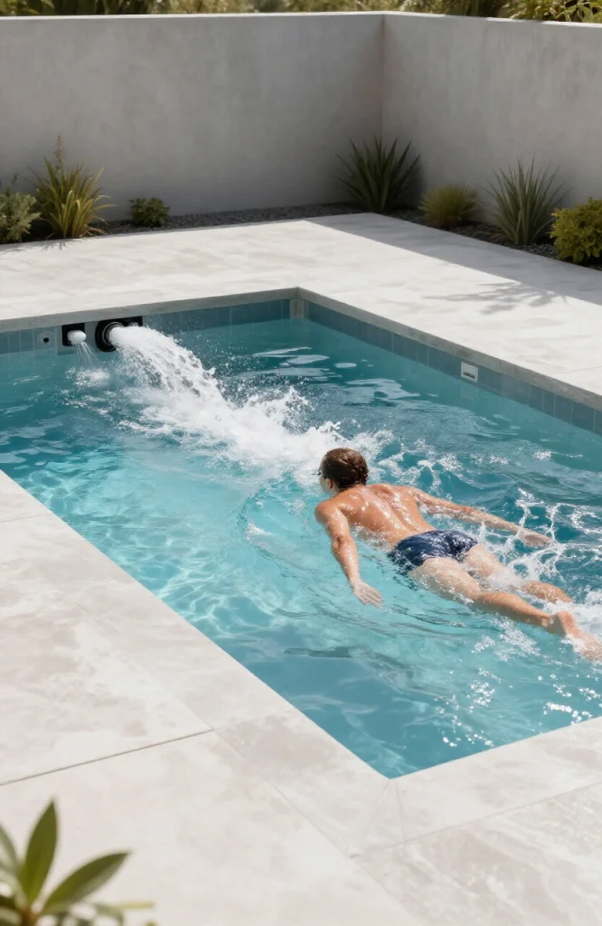 Small plunge pool with built-in jet wall for water resistance training and fitness exercises