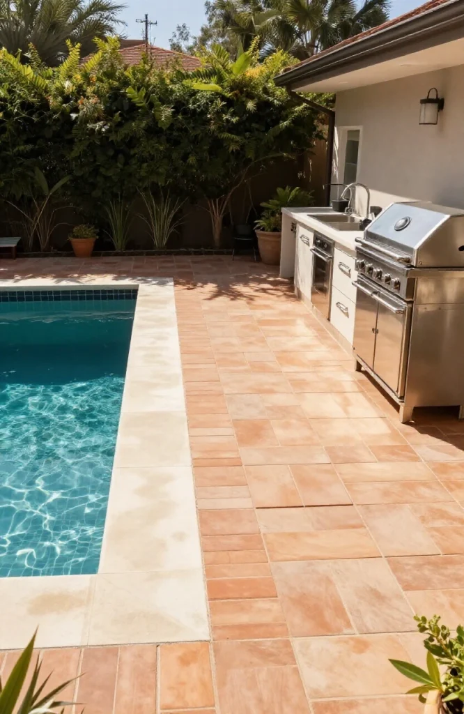 Small plunge pool and outdoor kitchen combined on one patio area in residential backyard