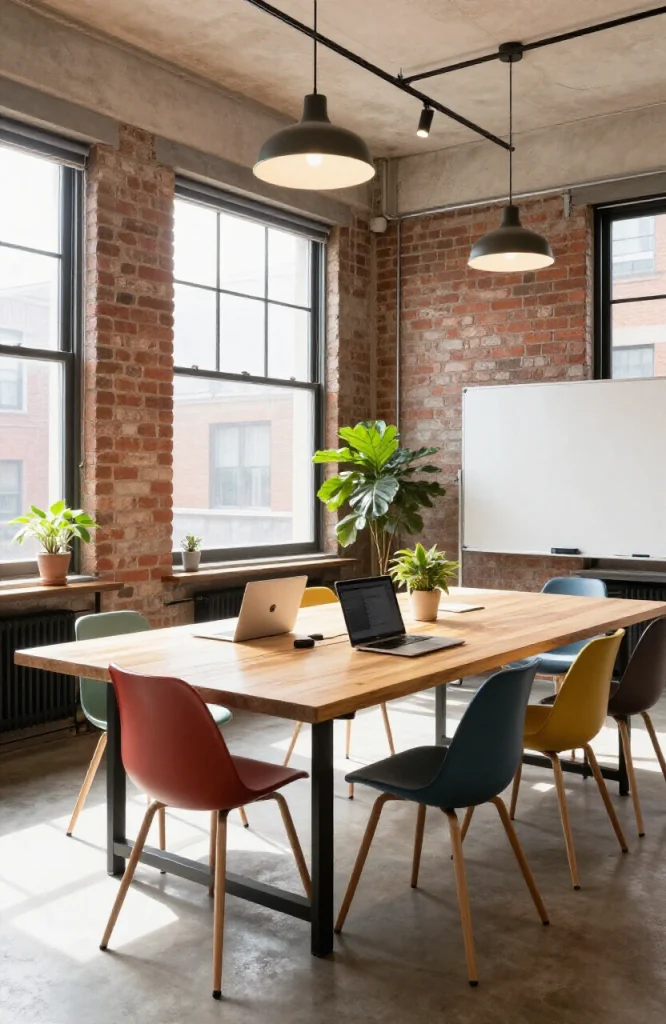 Temporary pop-up workspace at event venue with laptop, mobile desk setup, and networking area for remote workers