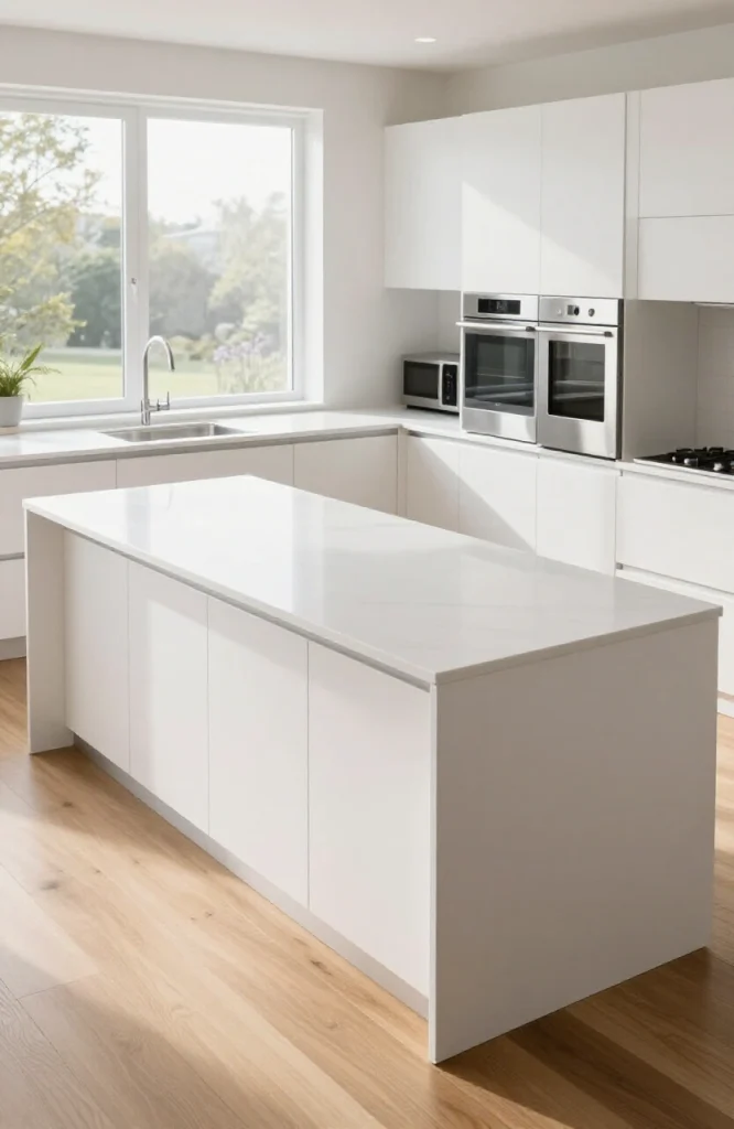 Large format porcelain slab countertop in light gray with subtle veining pattern installed in modern kitchen