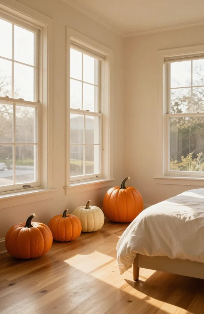 Orange pumpkins arranged in a cluster on bedroom floor next to window with evening light